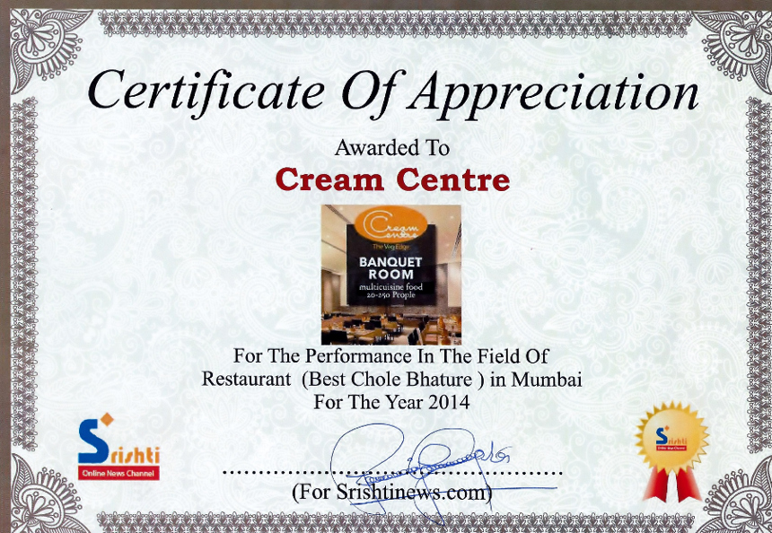 Award for Best Chole Bhature Mumbai 2014